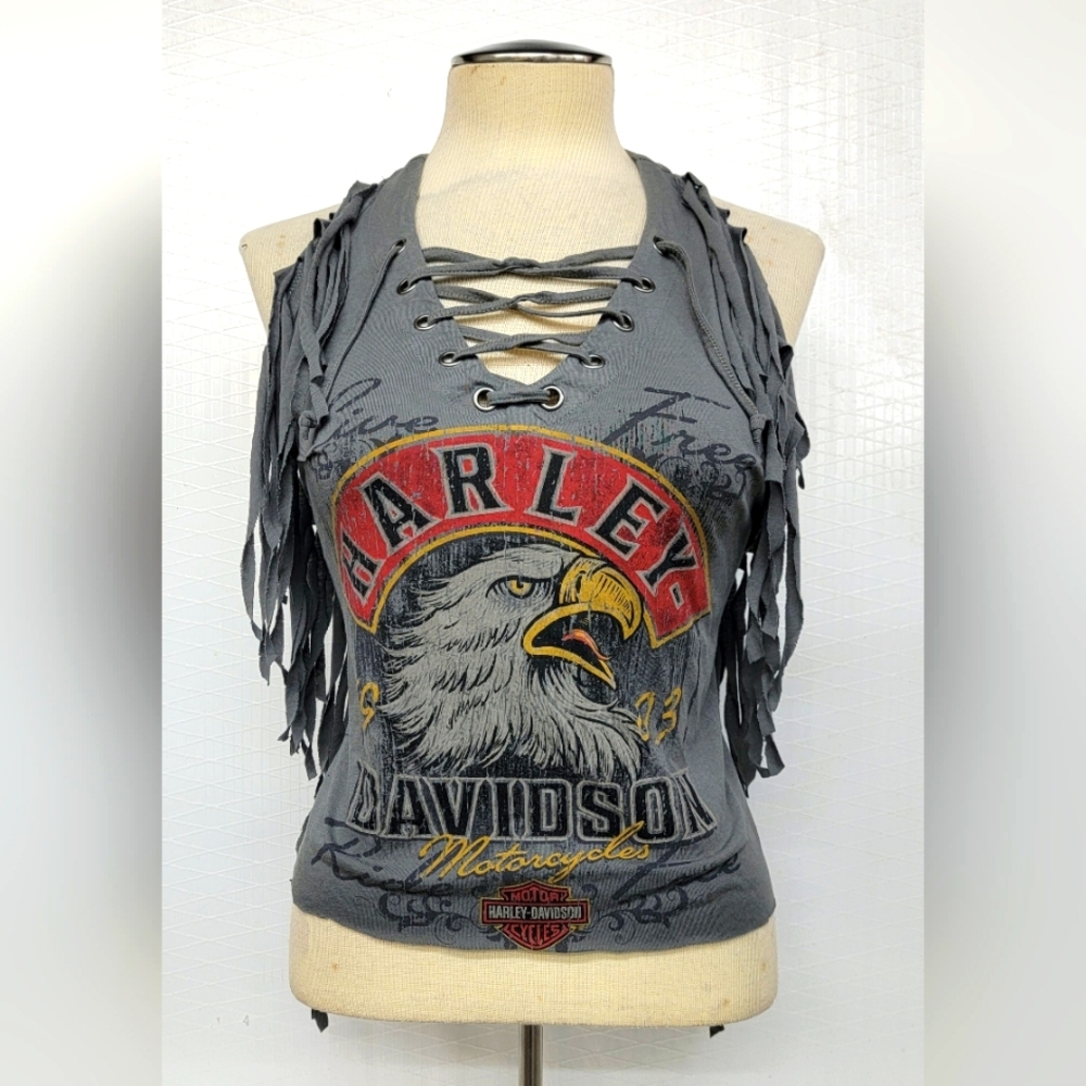 Harley-Davidson Women's Gray Lace-Up Fringe Tank Top